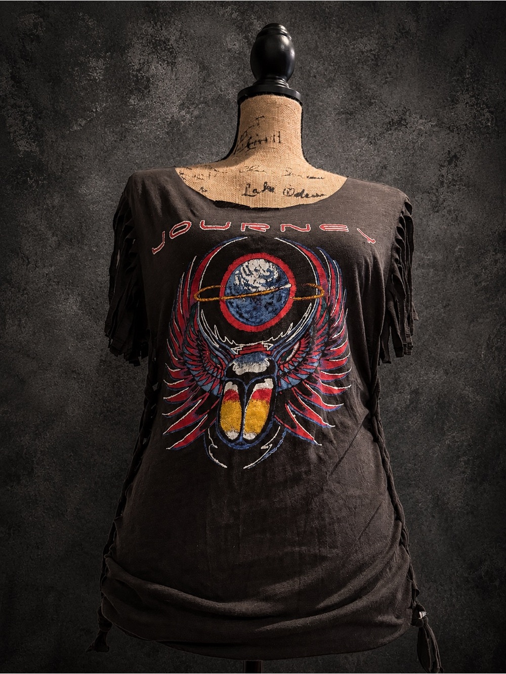 Journey Distressed Fringe Band Tee – Size Small